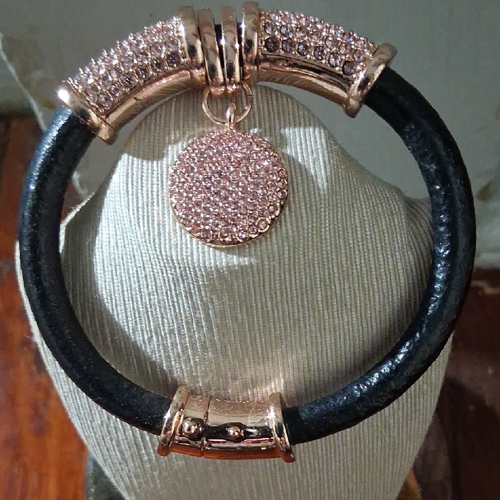 Vintage Joan Boyce Black Leather and Crystal Bracelet with Pendant.